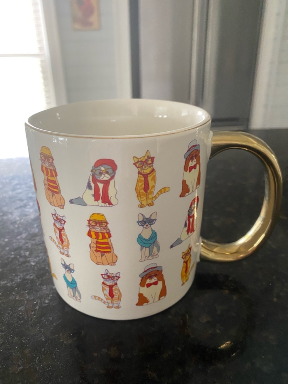 Cute Cat Pattern Ceramic Mug with Gold Trim - White